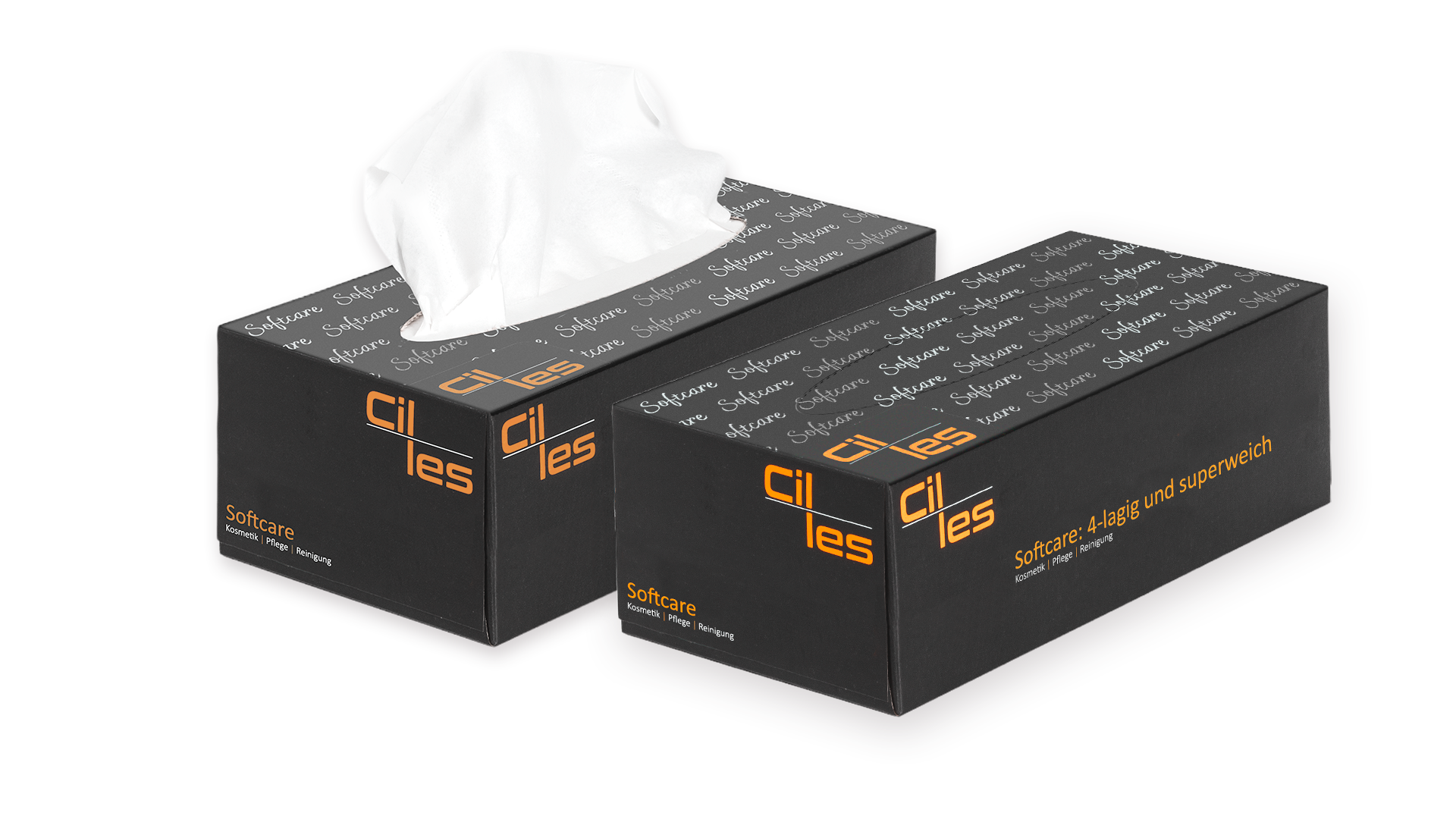 25-11646_Cilles_Pflegetuecher_Box_Visual_Web Eine offene Pflegetücherbox neben einer geschlossenen Pflegetücherbox von cilles auf transparentem Hintergrund.