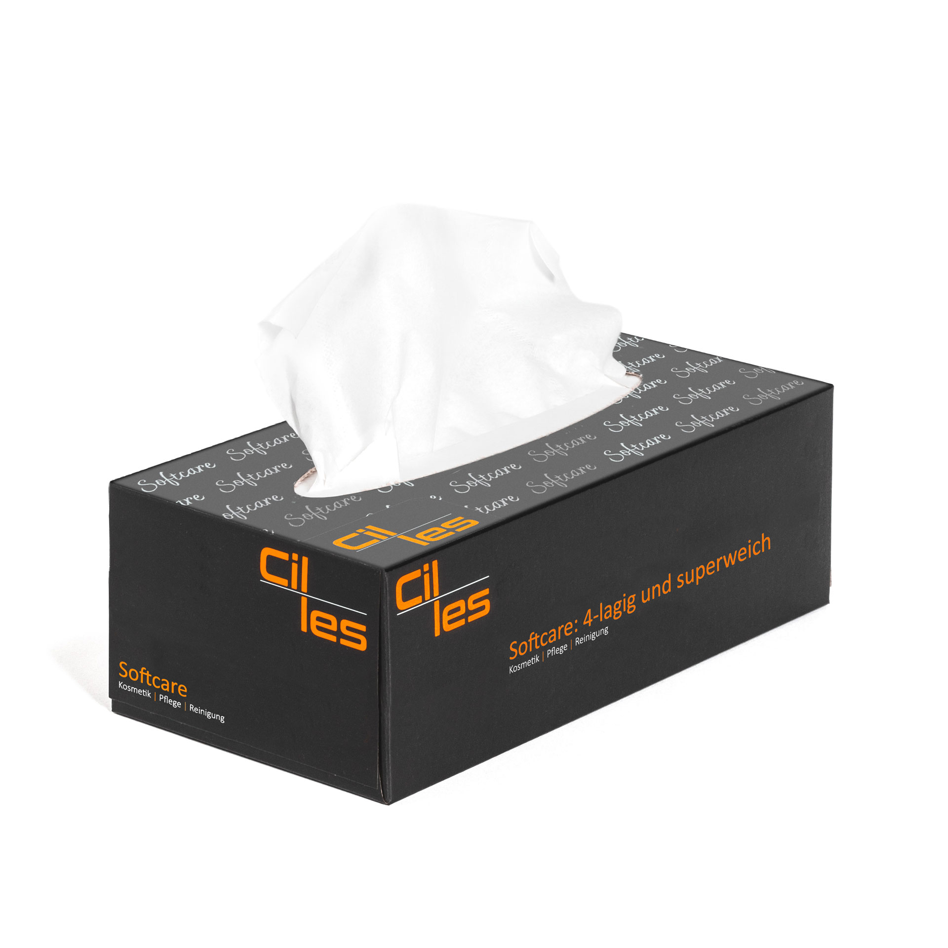 Kosmetiktuecher-34000-Box_Tuch_Papier-V3 Offene Pflegetücherbox von cilles mit einem Tuch welches herausschaut.